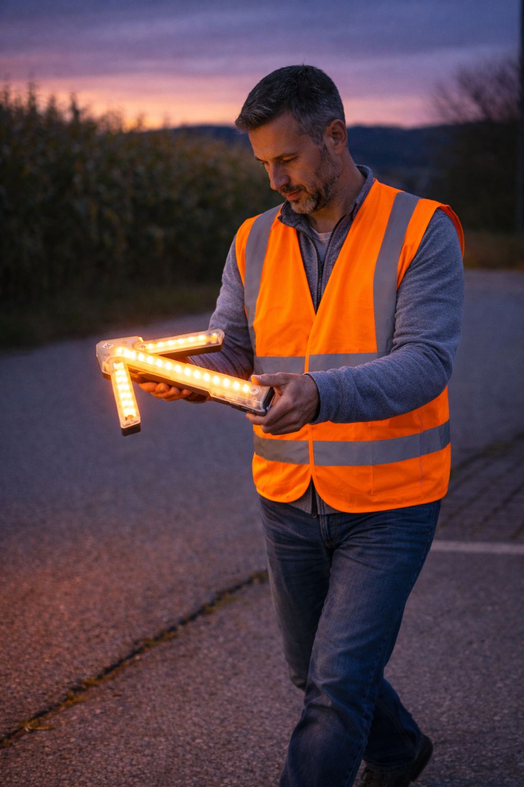 WPF | Notfall LED Warnpfeil mit Magnet,- und Leitkegelhalterung | klappbar | Akku